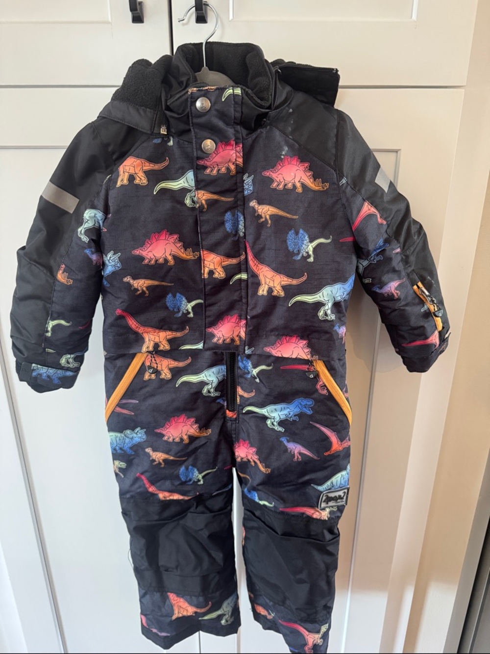deux par deux Black Puffer Snowsuit with Multicolor Dinosaurs